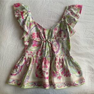 Vintage Emilio Pucci Silk Ruffle Flutter Sleeve Tie Blouse Top Green Pink Print